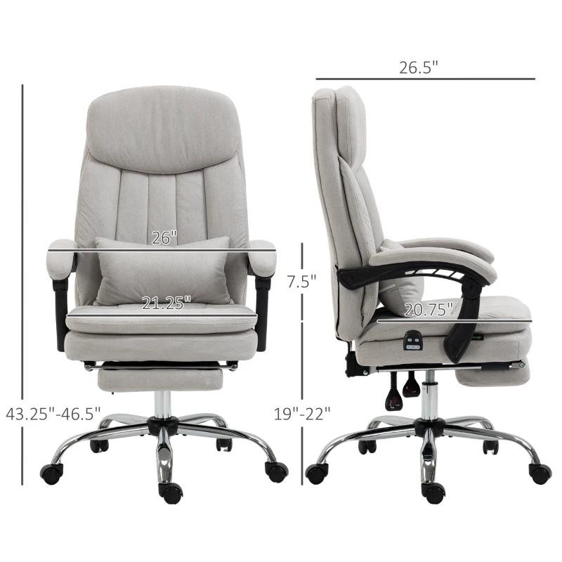 Vinsetto Executive Office Chair with Vibration Massage, Microfibre Swivel Desk Chair, Heated Reclining Computer Chair with Lumbar Support Pillow, Footrest, Light Gray