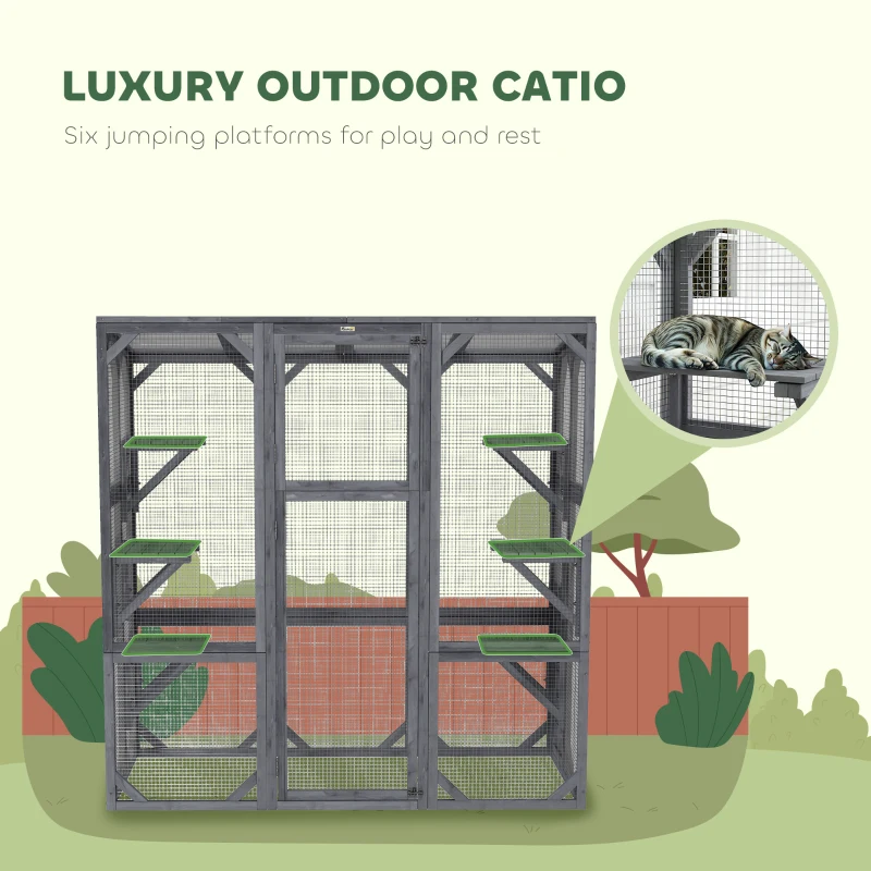 PawHut Large Wooden Catio Outdoor with 6 Jumping Platforms, Weatherproof Roof, for 1-3 Cats, 59" x 28" x 60", Gray