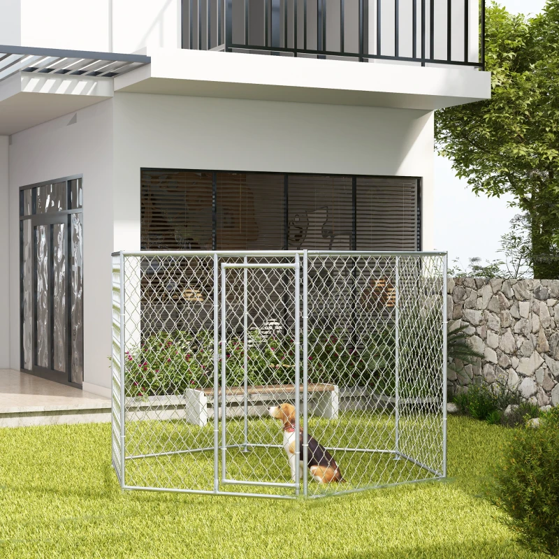 PawHut 9.2' x 8' x 5.6' Dog Kennel Outdoor for Medium and Large-Sized Dogs with Lockable Door, Silver