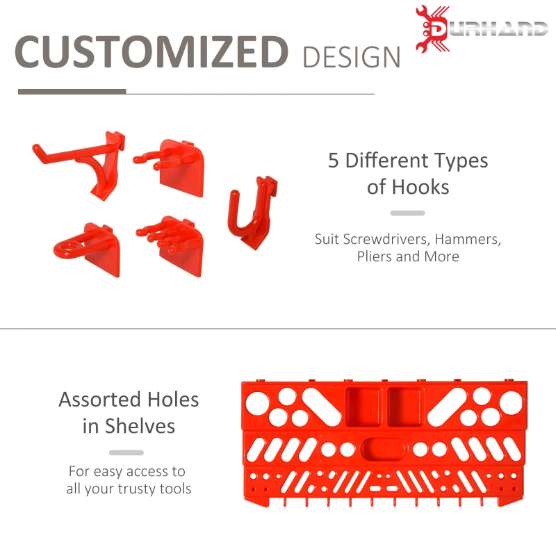 DURHAND 54 Piece Plastic Pegboard Panels, Peg Board with Accessories, Shelf Tool Organizer, Wall Mounted DIY Garage Storage with 50 Hooks, Red