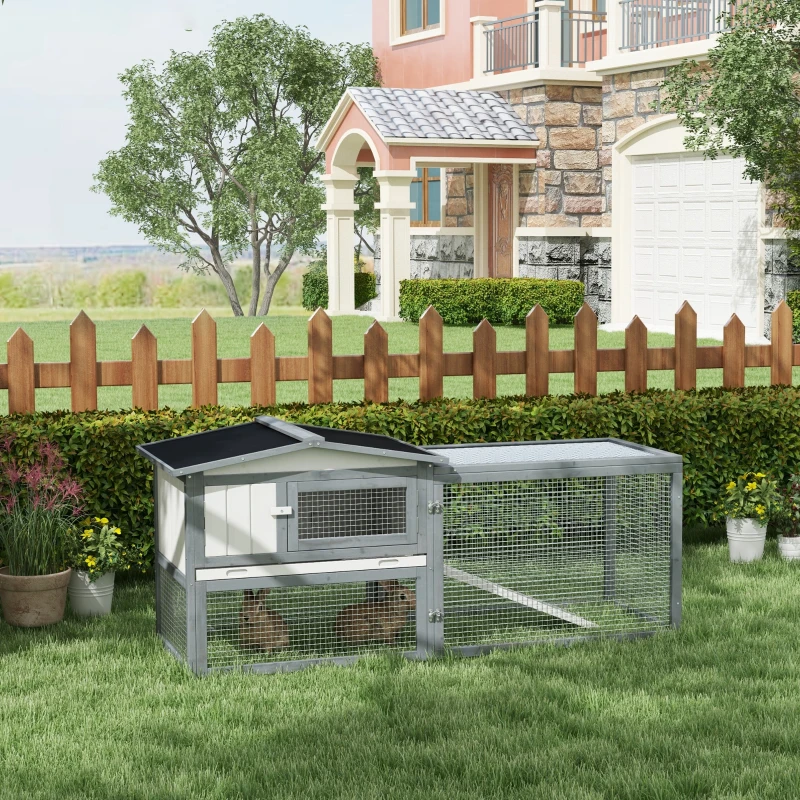 PawHut Large Rabbit Cage Outdoor 61"L Guinea Pig Hutch w/ Run Feeding Trough Removable Tray Ramp Asphalt Roof, White