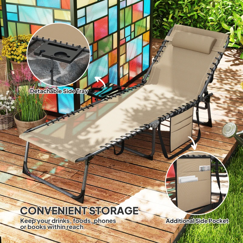 Outsunny Folding Outdoor Chaise Lounge Chair Tanning Chair with 5-Level Adjustable Back, Side Table, Pillow, Pocket, Beige