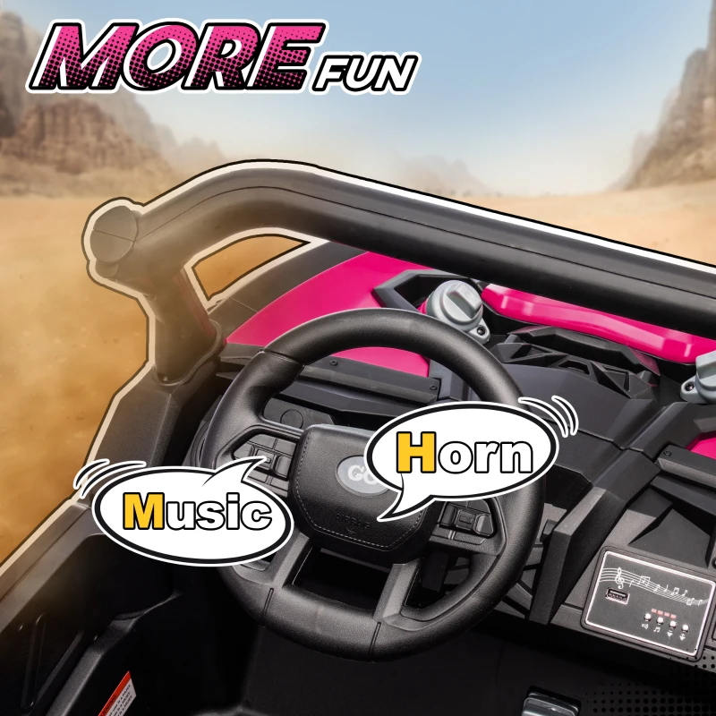 Qaba 24V 7AH Ride on Car, 2 Seater 4 MPH Ride on UTV with 4 Shock Absorbers, Music Horn LED Lights, for 3-8 Years, Pink
