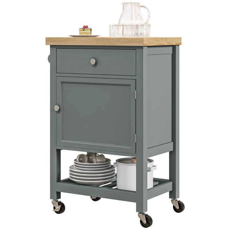 HOMCOM Kitchen Cart on Wheels, Rolling Kitchen Island Cart with Wood Top, Towel Rack, Drawer and Shelf for Dining Area, Grey