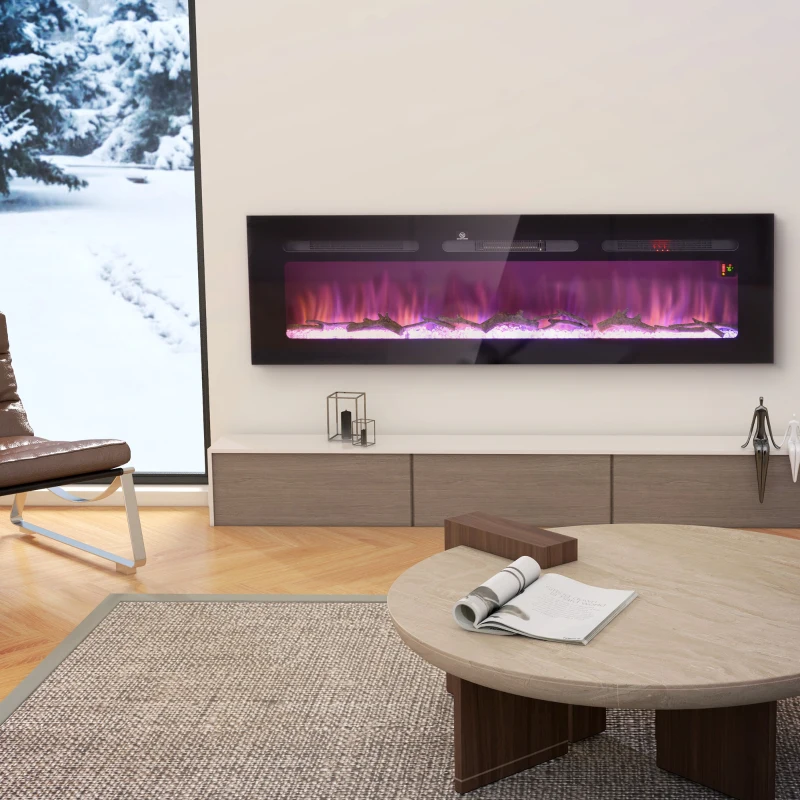 HOMCOM 60" Recessed or Wall Mounted Electric Fireplace Heater with Remote Control, Adjustable Flame Color and Brightness