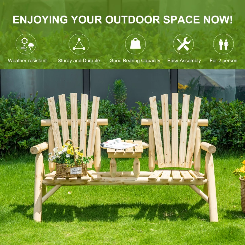 Outsunny Wood Adirondack Patio Chair Bench with Center Coffee Table, for Lounging and Relaxing Outdoors Natural