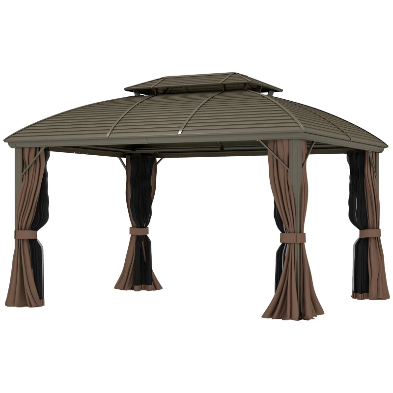 Outsunny 10' x 12' Hardtop Gazebo Canopy with Double Roof, Netting and Curtains for Garden, Backyard, Deck, Coffee