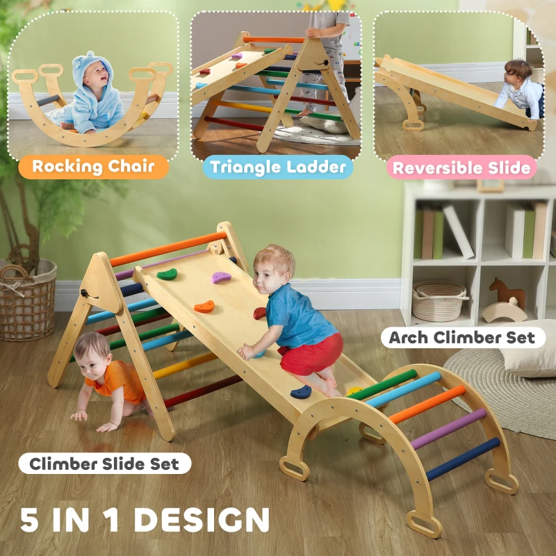 Qaba 5 in 1 Wooden Pikler Triangle Set for 18-48 months, Multicolor