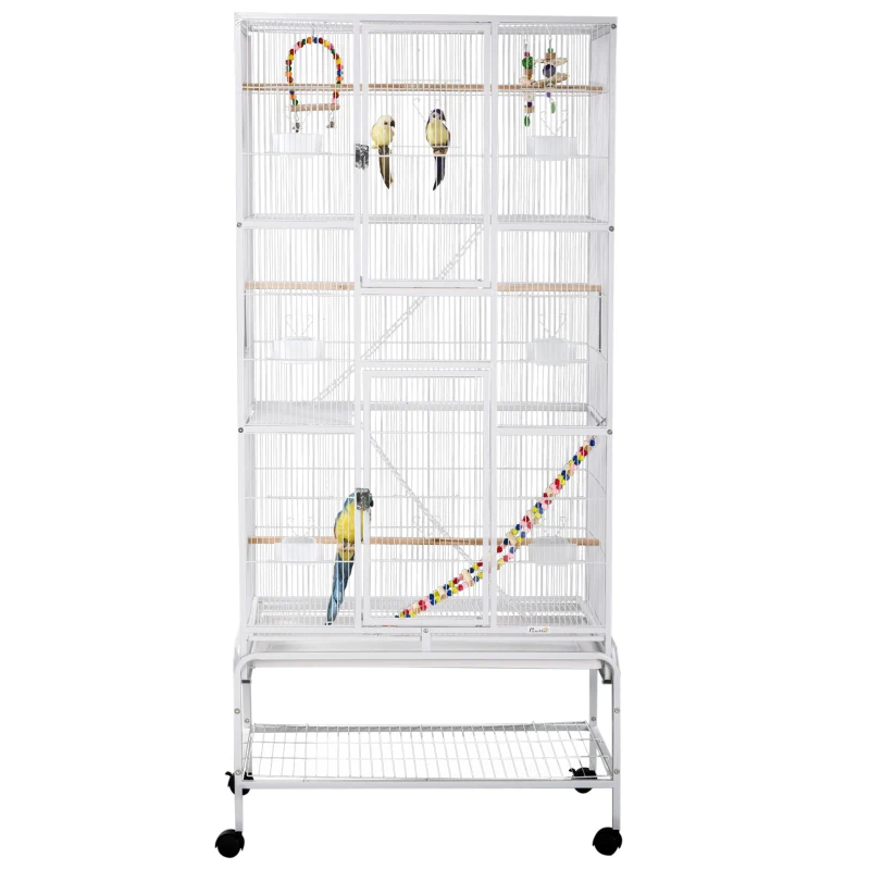 PawHut 71" Bird Cage with Wheels Perches, Ramp, Storage Shelf, Toys for Canaries, Finches, Cockatiels, Parakeets, White