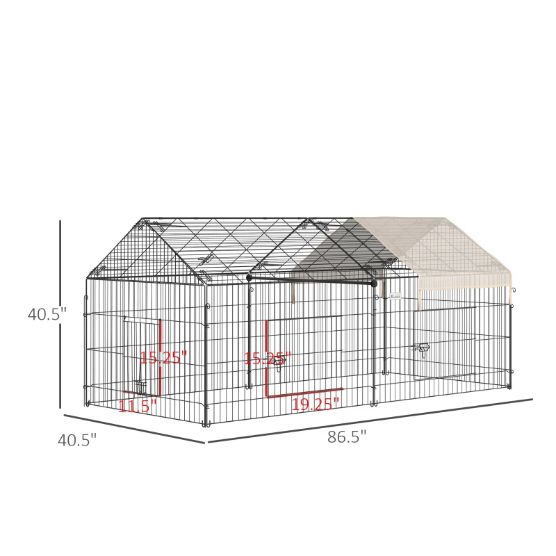 PawHut Metal Chicken Coop, 87" x 41" x 41" Chicken Run Pen for Yard with Cover, Portable Catio Poultry Cage Indoor Outdoor Backyard, Cat Cage for Rabbit, Duck, Hen, Small Animal, Chinchillas, Beige