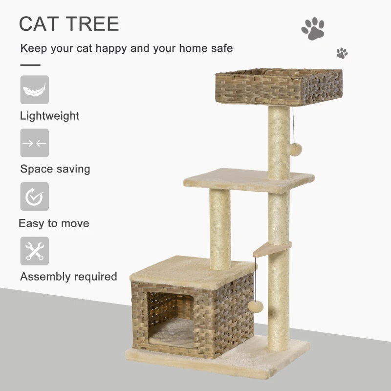 PawHut Cat tree Tower Climbing Kitten Activity Center Furniture with Sisal Scratching Post Rattan Condo Perch Hanging Balls 23.5" x 15.75" x 43"