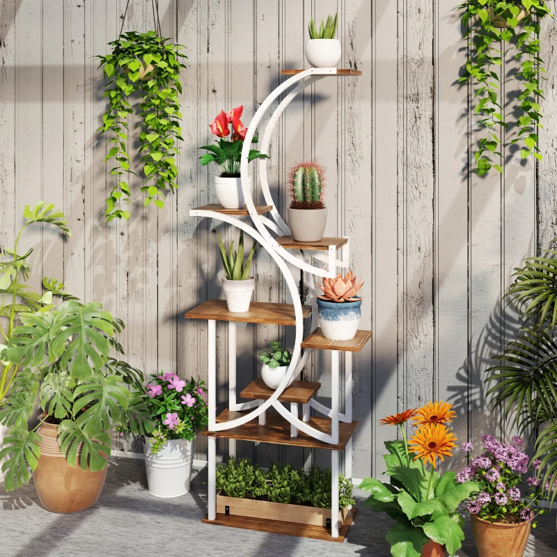 Outsunny Plant Stand Indoor, 8 Tier 62" S-Shaped Plant Shelf, Corner Plant Rack for Multiple Plants, Carbonised Finish