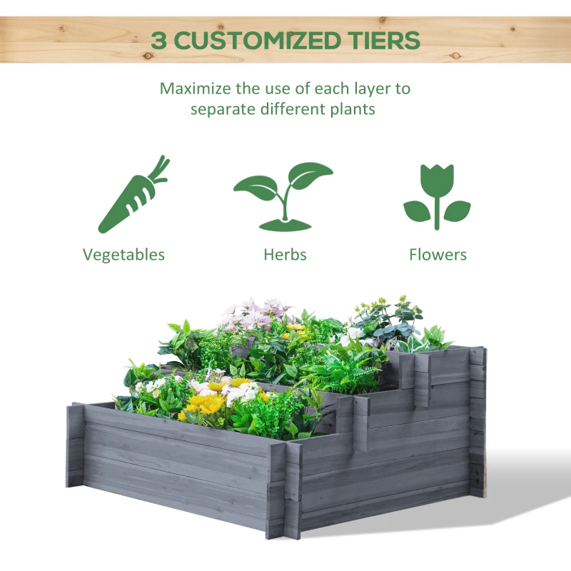 Outsunny 3-Tier Wood Raised Garden Bed, Elevated Planting Box, Outdoor Vegetable Flower Container, Herb Garden Indoor Kit, Gray