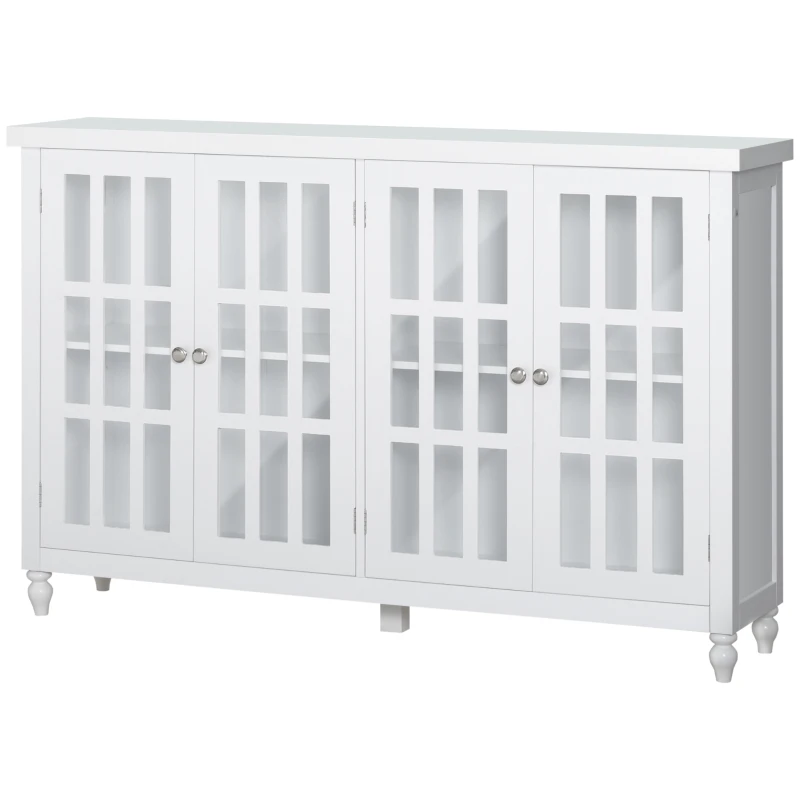 HOMCOM Sideboard, Buffet Cabinet with 4 Tempered Glass Doors, Stripe Pattern and Adjustable Storage Shelf, Credenza, White