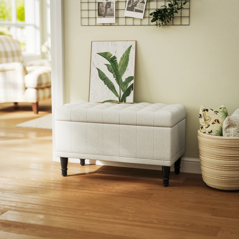 HOMCOM Storage Ottoman, Linen Fabric End of Bed Bench with Button Tufted Storage Bench for Bedroom, Beige