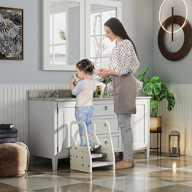 Qaba Adjustable 3 Step Toddler Tower with Handles, Non-slip Surface & Foot Pads, Gray