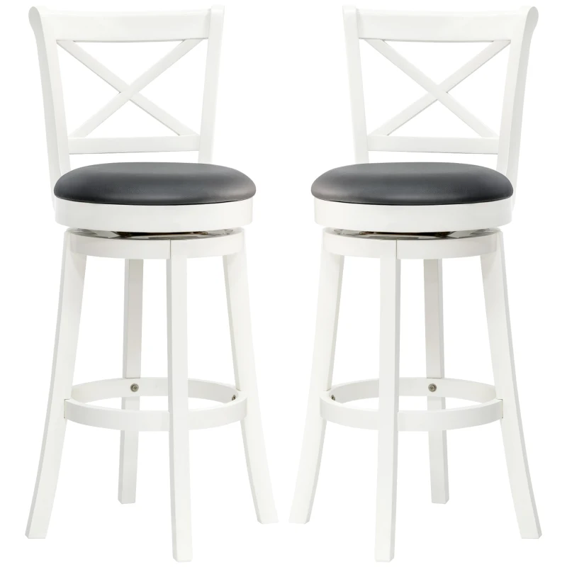 HOMCOM Traditional Bar Height Bar Stool, 31 Inch Seat Height Barstool, Swivel PU Leather Upholstered Chair, with Cross Back and Rubberwood Frame, Set of 2, Cream White