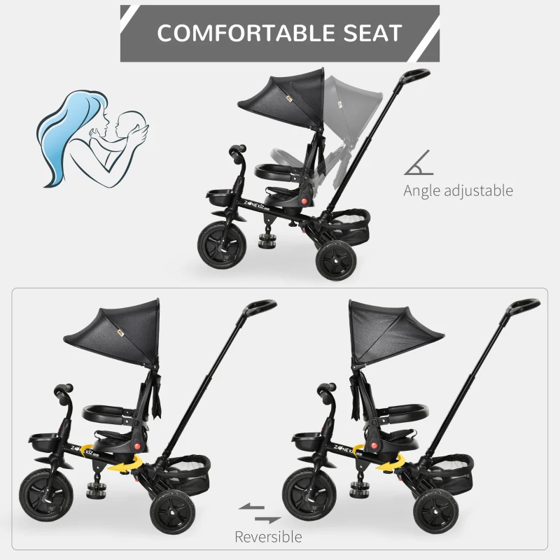 Qaba Tricycle for Toddler 4 in 1 Kids Trike with Reversible Adjustable Seat, Baby Push Bike with Removable Handle, Canopy, Belt Storage Brake Clutch for 1-5 Years, Black