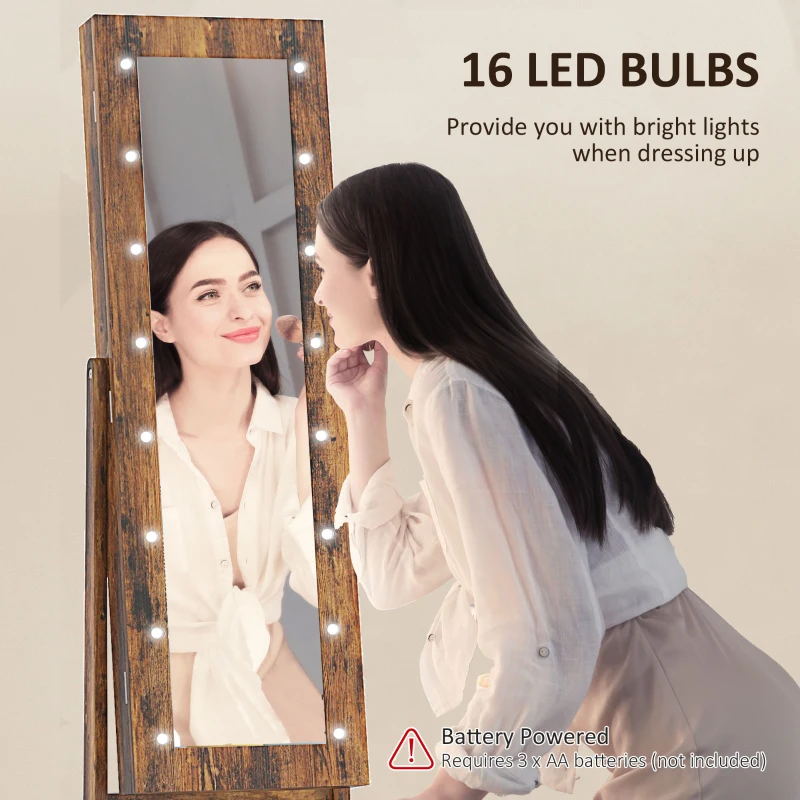 HOMCOM Free Standing Armoire Organizer, Lighted Mirrored Jewelry Cabinet w/ Angle Adjustable & 16 LED Lights Rustic Brown
