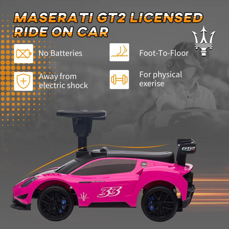 Qaba Licensed Maserati GT2 Baby Sliding Car with Storage, Music, Horn, Foot to Floor Toddler Car for 18-60 Months, Pink