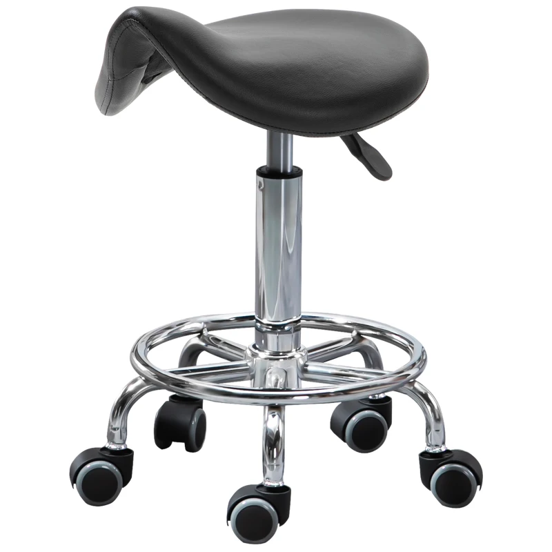 HOMCOM Saddle Stool, PU Leather Adjustable Rolling Salon Chair for Massage, Spa, Clinic, Beauty and Tattoo, Black