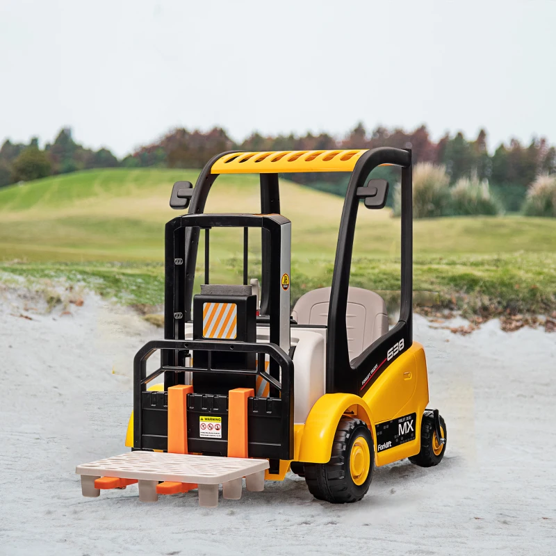 Qaba 12V Kids Ride on Forklift Car with Tent, 360° Rotation Electric Ride On Excavator w/ Liftable Fork and Pallet, Music