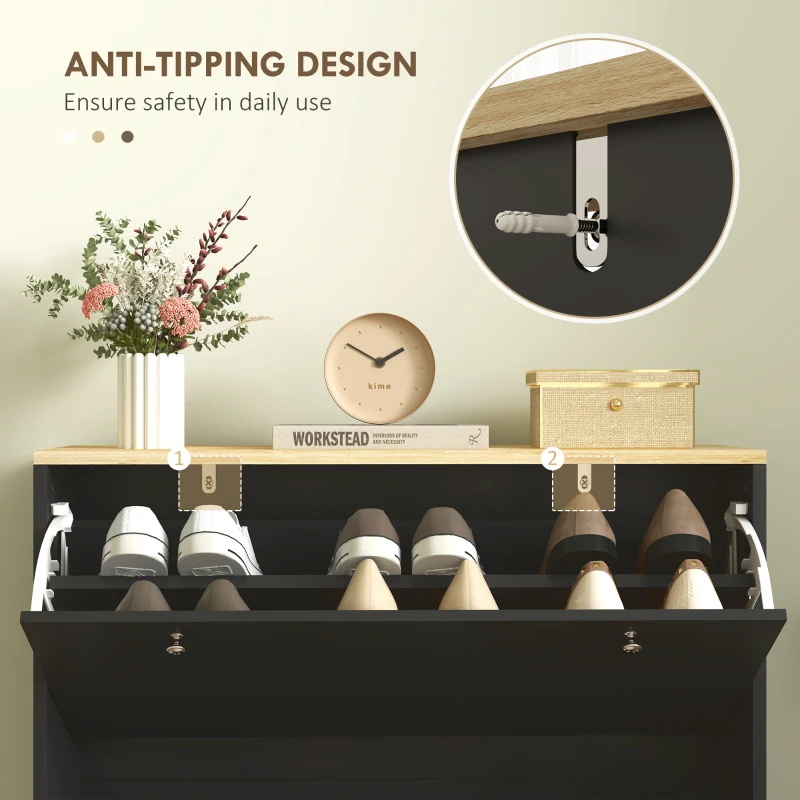 HOMCOM 2 Drawers Shoe Storage Cabinet with Adjustable Shelves for 16 Pairs of Shoes, Black