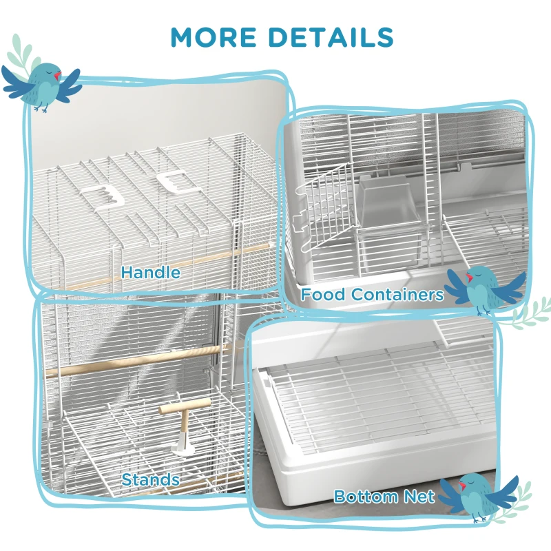 PawHut 39" Bird Cage for Budgie Finches Canaries Love Birds with Wooden Stands, Slide-Out Tray, Handles, Food Containers, White