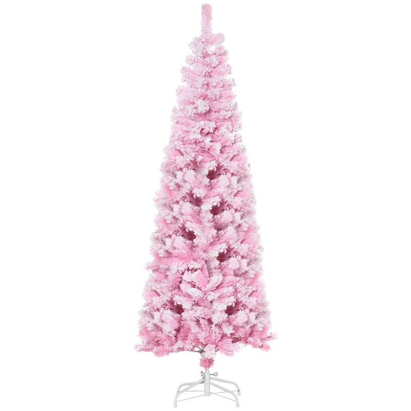 HOMCOM 6 FT Snow Flocked Artificial Christmas Tree, Pencil Xmas Tree with Realistic Branches, Auto Open and Steel Base, Pink