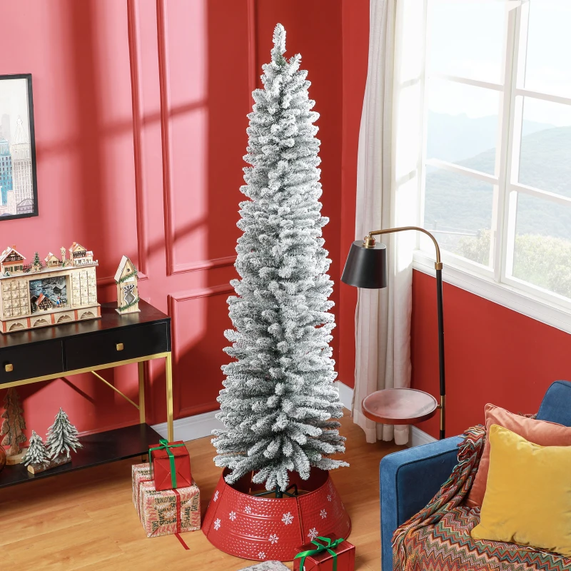 HOMCOM 7ft Artificial Christmas Tree, Snow Flocked Branches, Metal Base, Pencil Xmas Tree