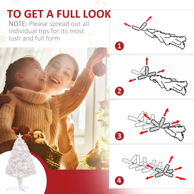 HOMCOM 2.5ft Tall Pre-Lit Douglas Fir Tabletop Artificial Christmas Tree with Realistic Branches, Fiber Optic LED Lights and 85 Tips, White