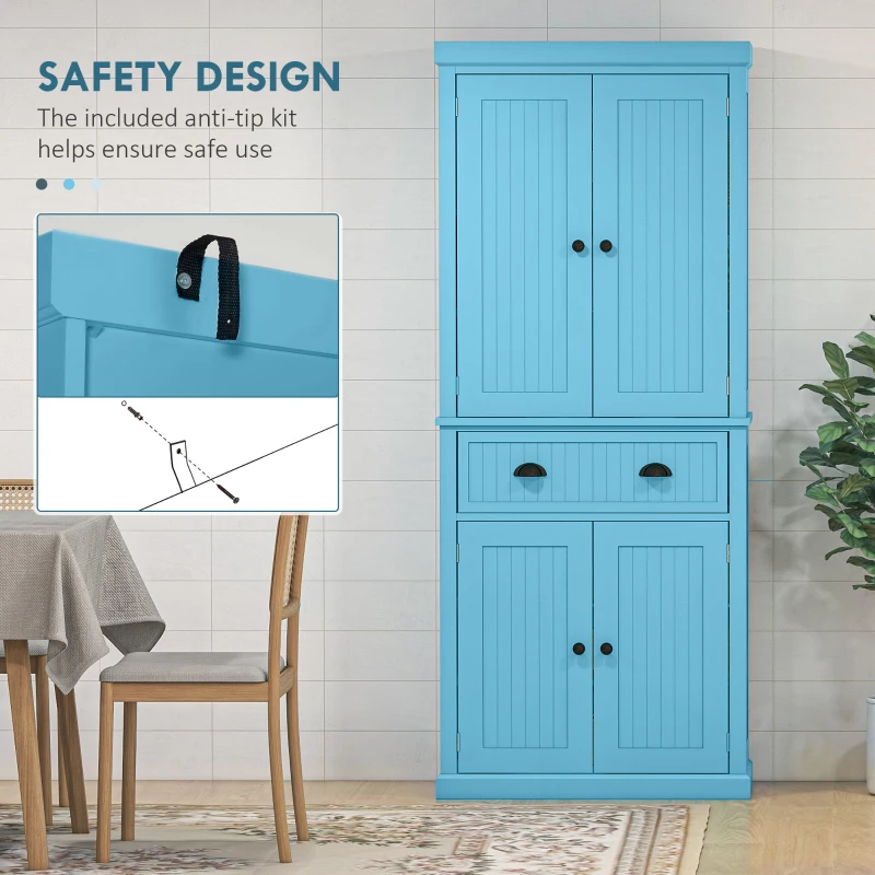 HOMCOM 72" Kitchen Pantry Storage Cabinet, Cupboard w/ 4 Doors and 3 Adjustable Shelves, Large Central Drawer, Dark Blue