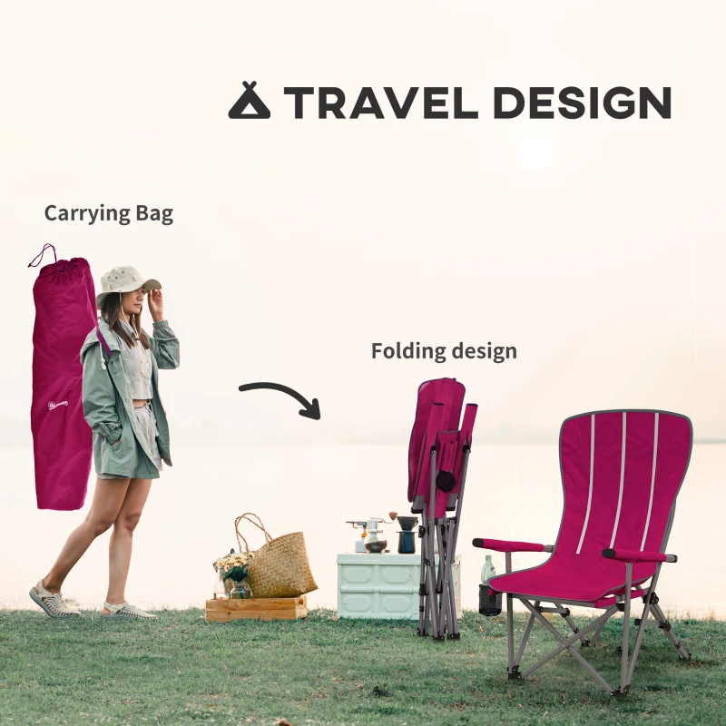 Outsunny Folding Camping Chair High Back Portable Lawn Chair w/ Storage Pocket, Cup Holder and Carrying Bag for Outdoor, Beach, Picnic, Hiking, Travel, Wine Red