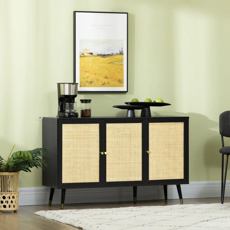 HOMCOM Kitchen Sideboard Cabinet, Boho Storage Cabinet with Shelves, Wood Legs, Decorative Rattan Doors, Black