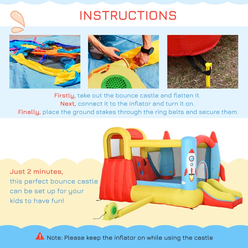 Outsunny Kids Bounce House, 4-in-1 Rocket Inflatable Water Slide Jumping Castle with 2 Slides, Climbing Wall, Trampoline, & Water Pool Area, Air Blower