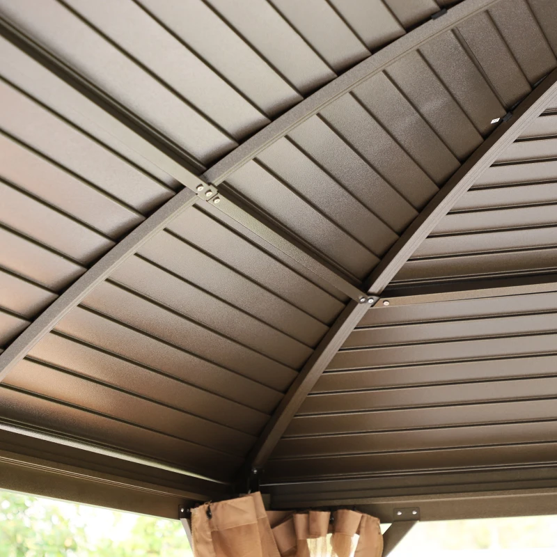 Outsunny 10' x 13' Hardtop Gazebo with Curtains, Netting, Pavilion with Steel Roof Ceiling Hook for Garden Patio, Brown