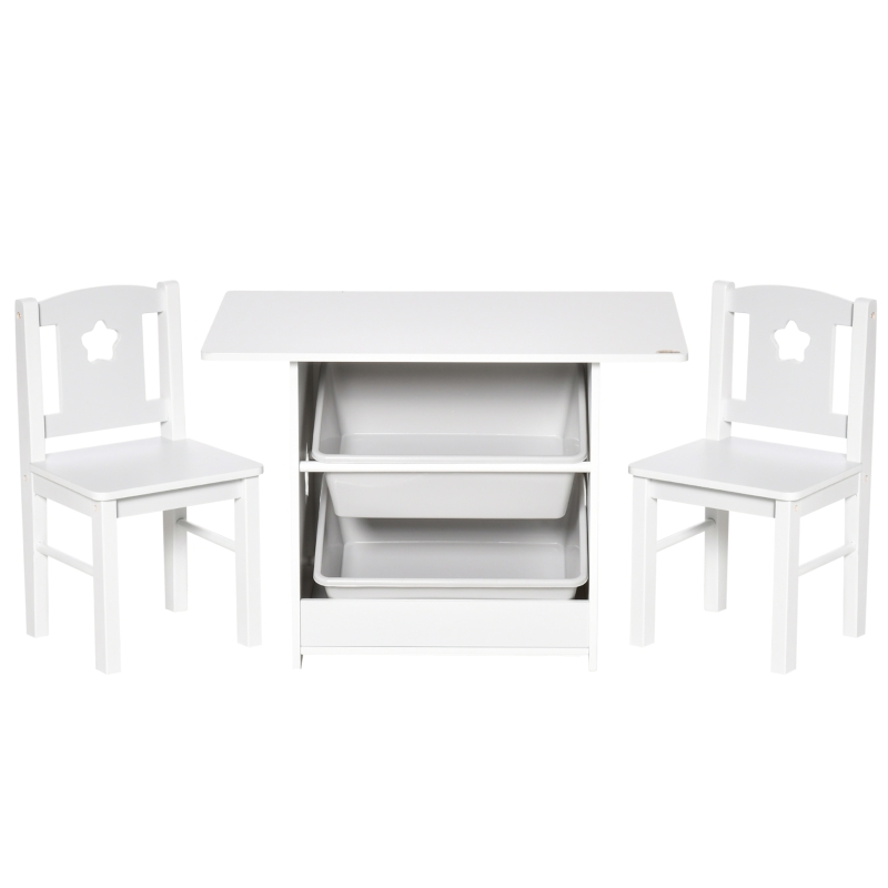 Qaba 3-Piece Kids Table and Chair Set Writing Desk with Storage Boxes Hollow Star Design for Toddler Activities 2-4 Years old, White