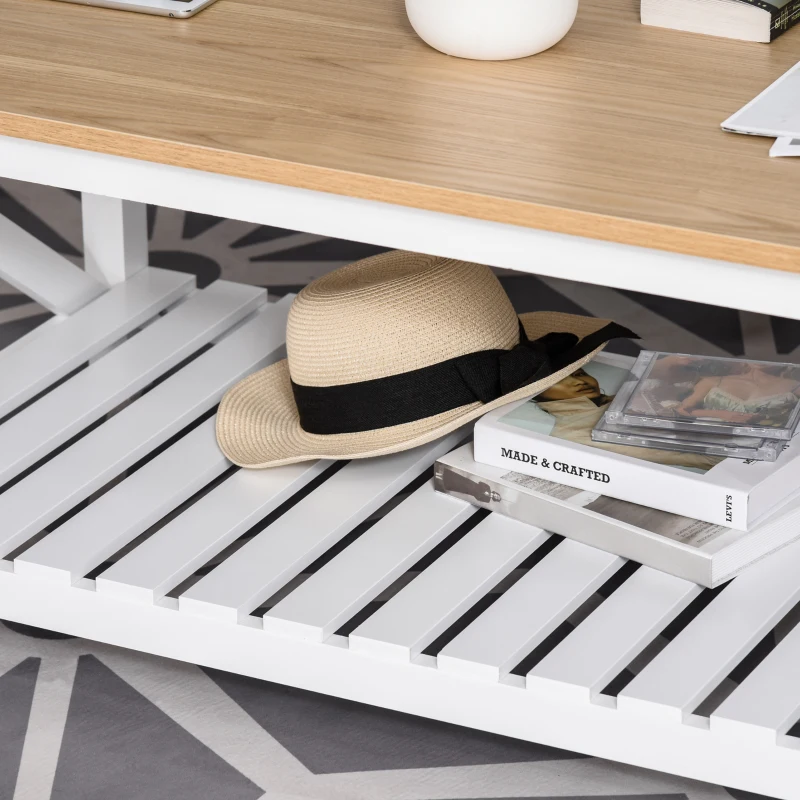 HOMCOM Farmhouse Style Coffee Table with X Bar Frame, Open Slat Wooden Bottom Shelf, Natural/White