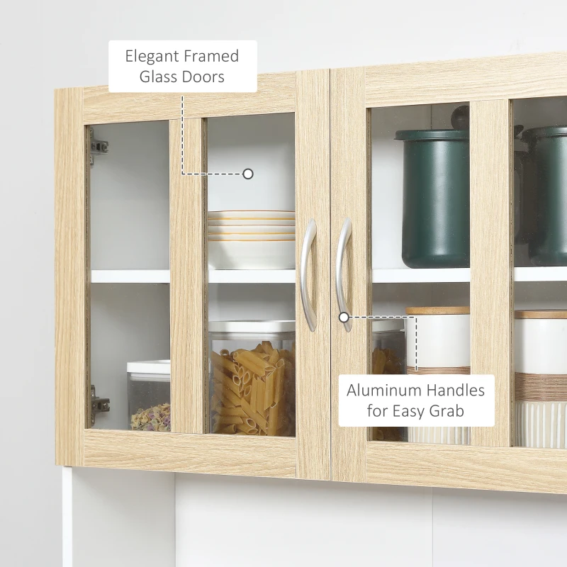 HOMCOM 71" Kitchen Buffet with Hutch, Freestanding Pantry Cupboard with Central Drawer, 2 Glass Door Cabinets and Countertop, White