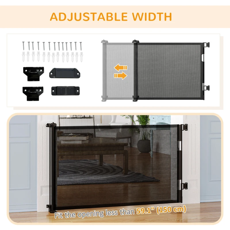 PawHut Retractable Pet Gate w/ Single Hand Operation, for Stairs, Doorways, Hallways - Black