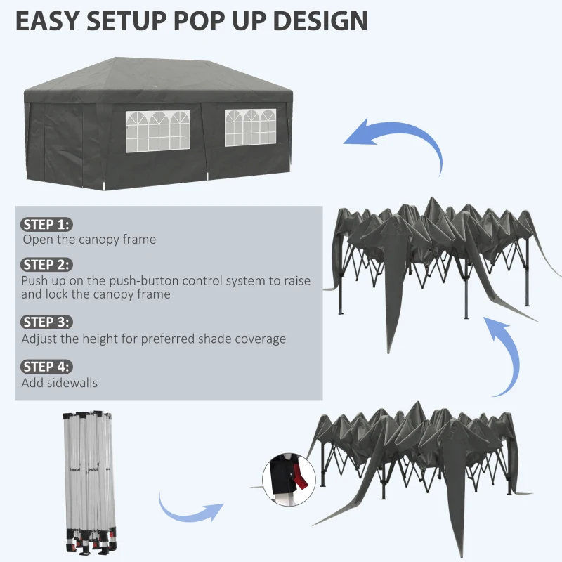 Outsunny 10' x 19.5' Pop Up Canopy Tent Height Adjustable Event Shelter w/ Sidewalls, Leg Weight Bags, Wheeled Carry Bag, Gray