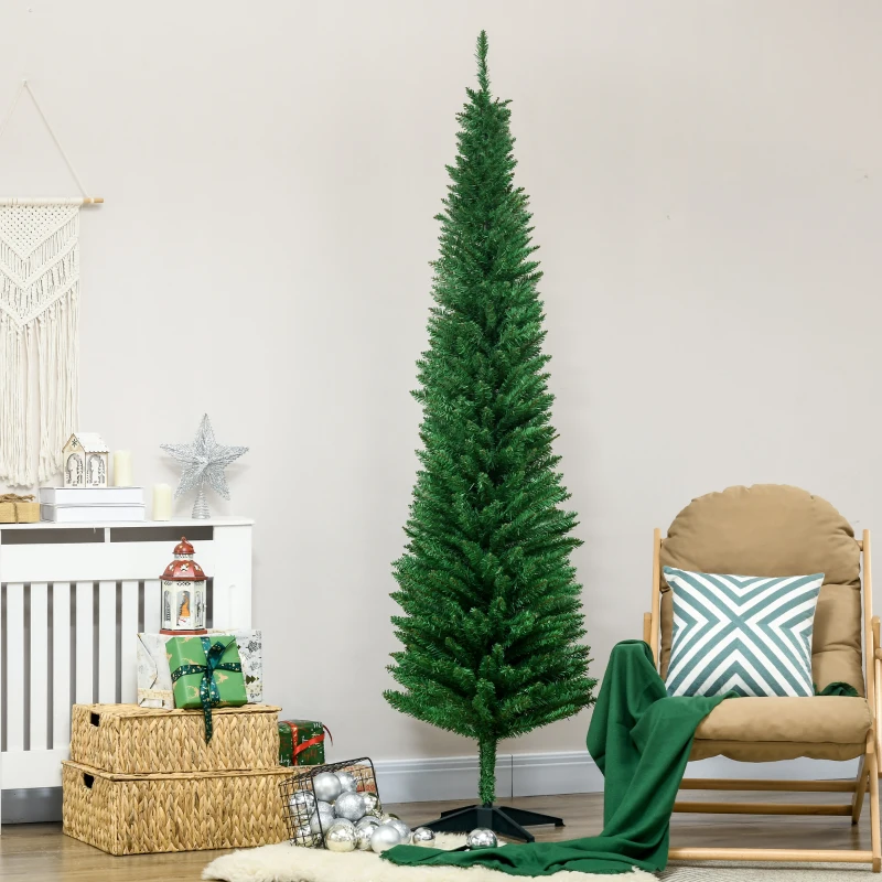 HOMCOM 7FT Decorated Christmas Tree, Pencil Christmas Tree with 499 Realistic Branch Tips and Plastic Stand, Light Green