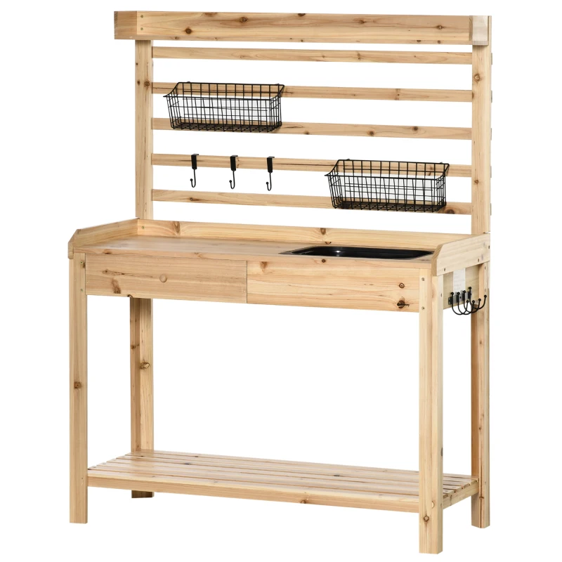 Outsunny Potting Bench Table, Garden Work Bench, Workstation with Metal Sieve Screen, Removable Sink, Additional Hooks and Baskets for Patio, Courtyards, Balcony, Natural