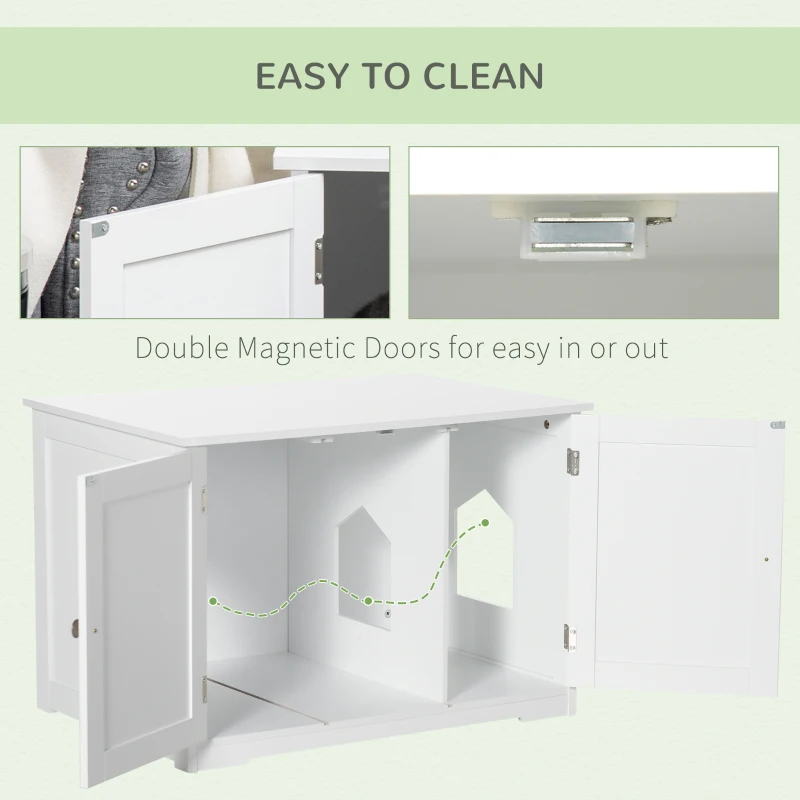 PawHut Modern Cat Litter Box Enclosure with Adjustable Partition for Customizable Space, Cat Washroom End Table for Indoor Cats with Hidden Storage Cabinet Space, White