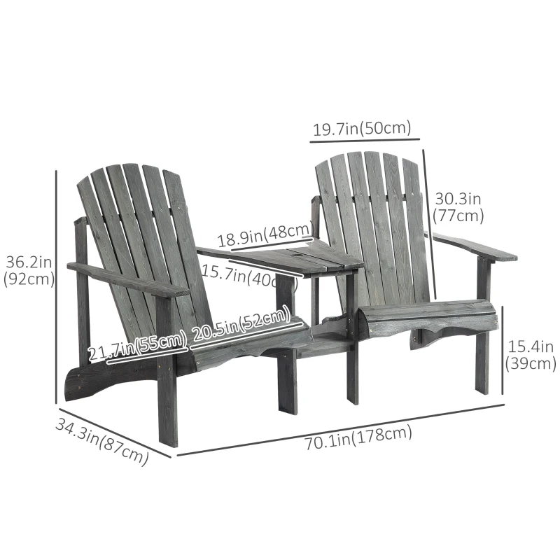 Outsunny Double Wooden Adirondack Chair Muskoka Chair with Middle Table, Outdoor Patio Porch Tete-A-Tete Bench Two Seater w/ Umbrella Hole, Grey