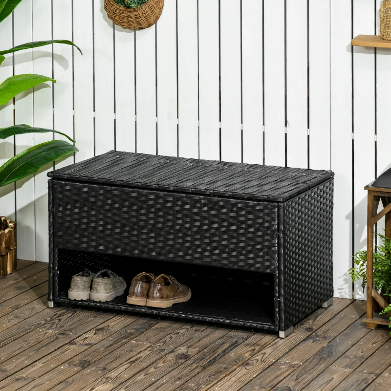 Outsunny Outdoor Deck Box & Shoe Storage, PE Rattan Wicker Towel Rack with Liner for Indoor, Outdoor, Patio Furniture Cushions, Pool, Garden Tools, Black