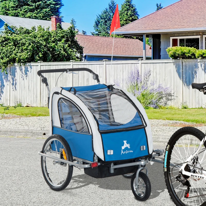 Aosom 2-in-1 Double Baby Bike Trailer Child Bike Stroller Foldable Jogger Bicycle Trailer, Blue & Grey