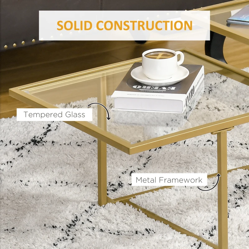 HOMCOM Coffee Table, Tempered Glass Coffee Table with 2 Square Tabletops, Modern Coffee Tables for Living Room, Bedroom, Gold