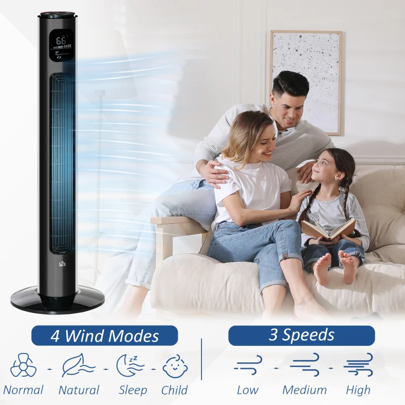 HOMCOM 38 Inch Tower Fan for Bedroom Cooling with with Aroma Diffuser, Electric Quiet 70° Oscillating Fan, 3 Speeds, 12H Timer, and Remote Control, Black