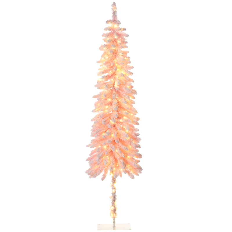 HOMCOM 7' Flocked Christmas Trees, Pencil Prelit Artificial Christmas Tree with Snow Downswept Branches, Pink